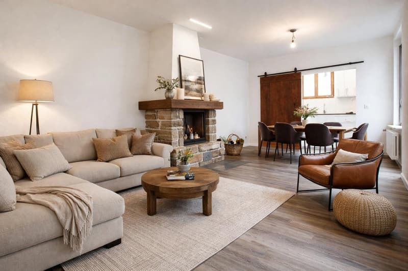 Fireplace, sofa, coffee table, rug, lamp, dining table, chairs, kitchen