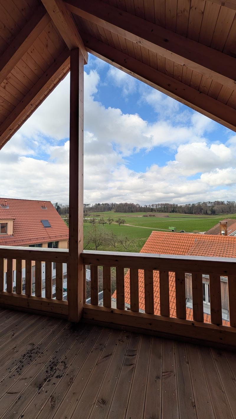 wooden floor, wooden ceiling, wooden railing, view of the landscape