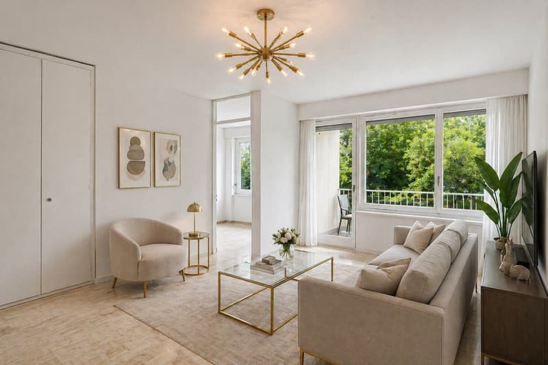 Die abgebildeten fotorealistischen Bilder sowie die dargestellte Möblierung dienen ausschliesslich der Veranschaulichung. Die Wohnung wird unmöbliert vermietet.