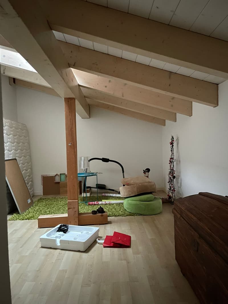 Room with wooden beams, green rug, and various items like a treadmill, chair, and a red pillow.