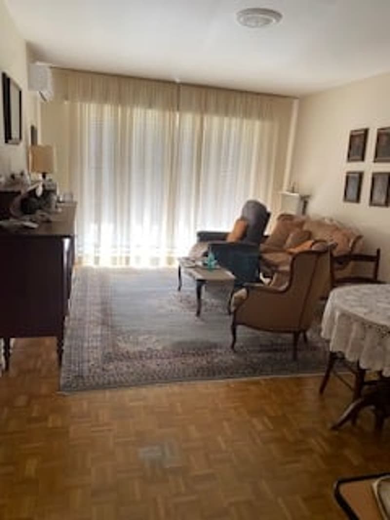 Spacious living room with wooden floor, large windows, and white curtains. A couch, chairs, and a coffee table are arranged around a central rug. A side table with a lamp and a cabinet are placed near the wall. A dining table with chairs is set up in the