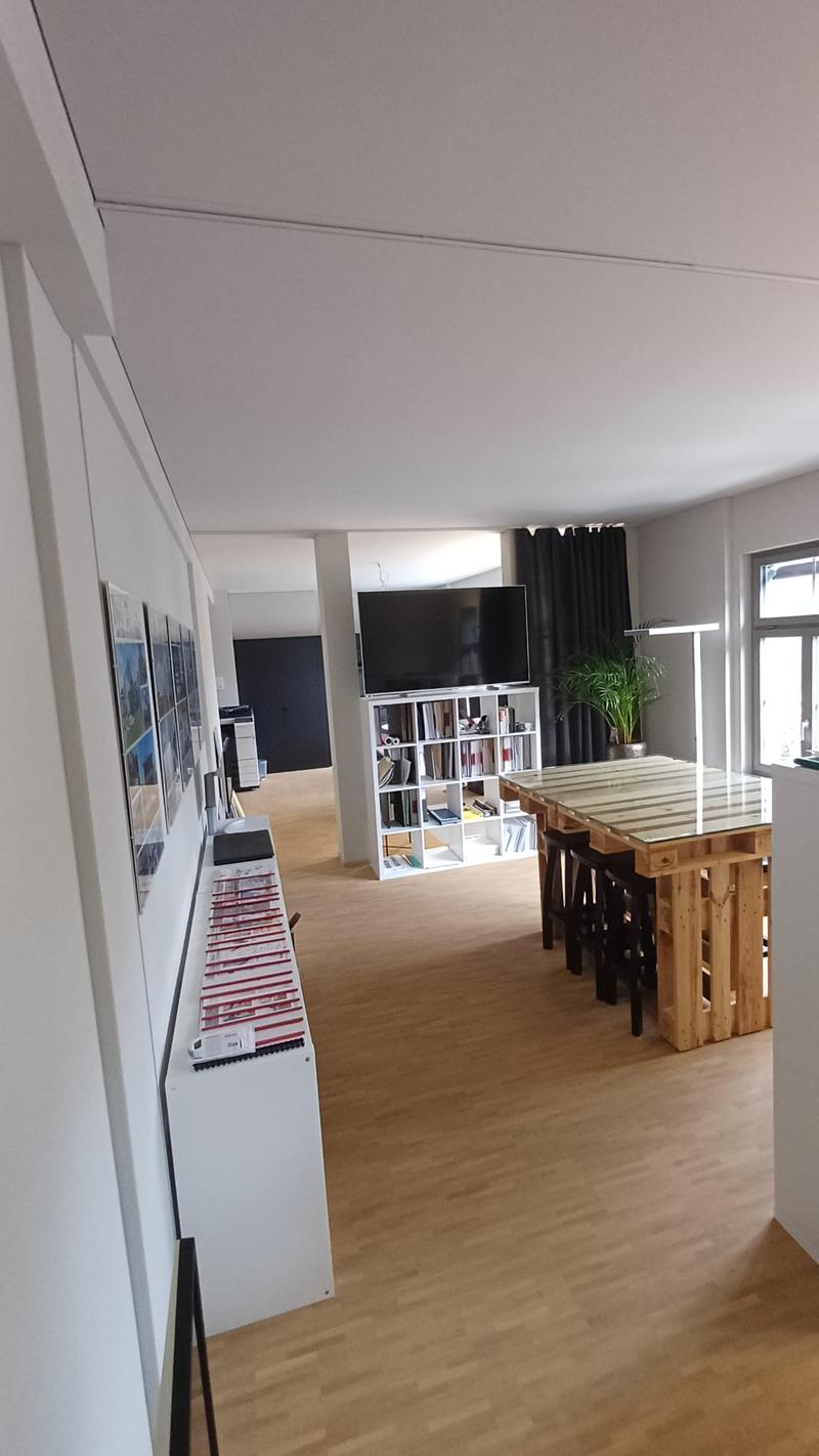 large room, wooden floor, white walls, large table, shelves, TV, plants, pictures on wall