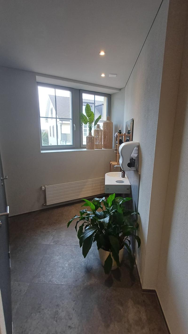 small room with white walls, tiled floor, window with plants, radiator, sink, soap dispenser