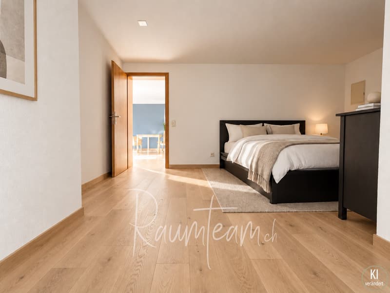 Schlafzimmer mit visualisiertem Parkettboden