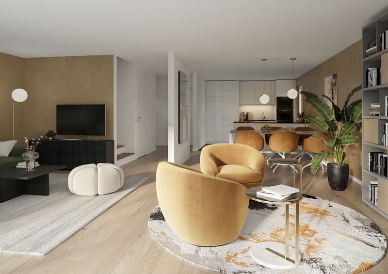 modern living room with beige and white decor, round rug, round table, round chairs, TV, sofa, coffee table, floor lamp, potted plant, bookshelves