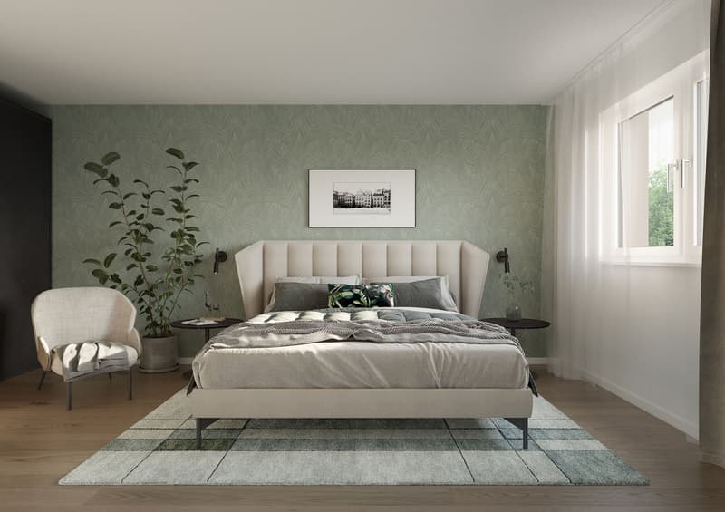 Bedroom with a bed, chair, plants, and a picture frame on the wall
