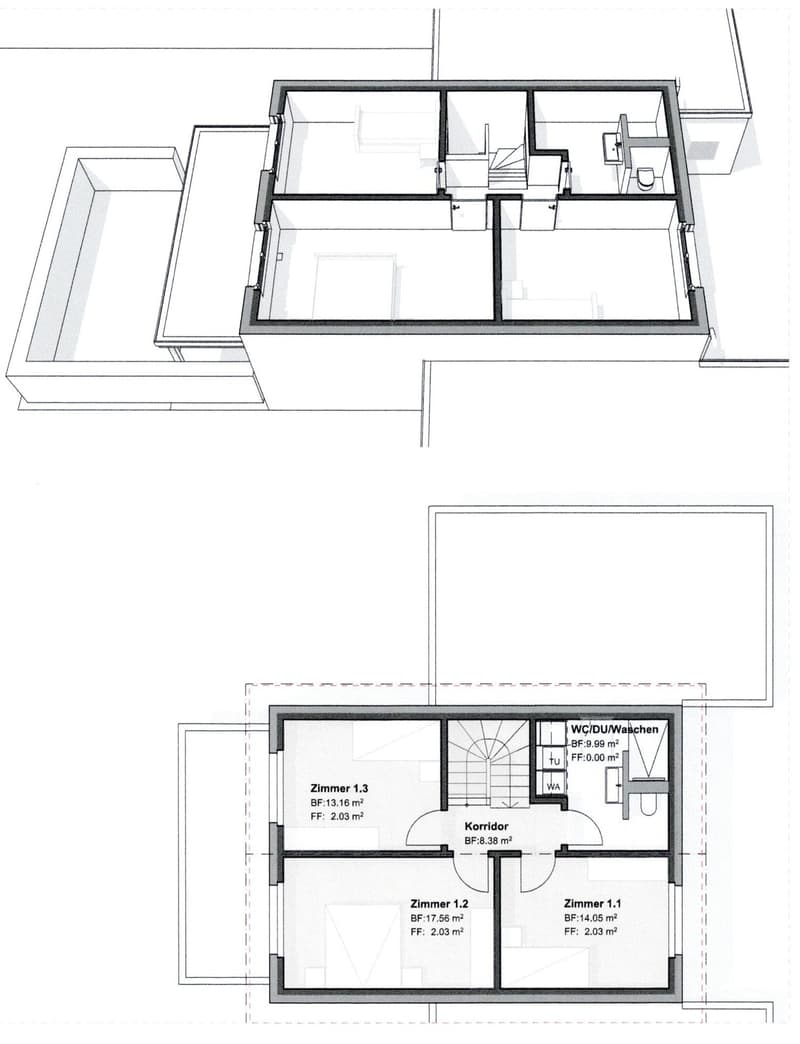 3 bedrooms, 1 bathroom, kitchen, corridor, private washing machine