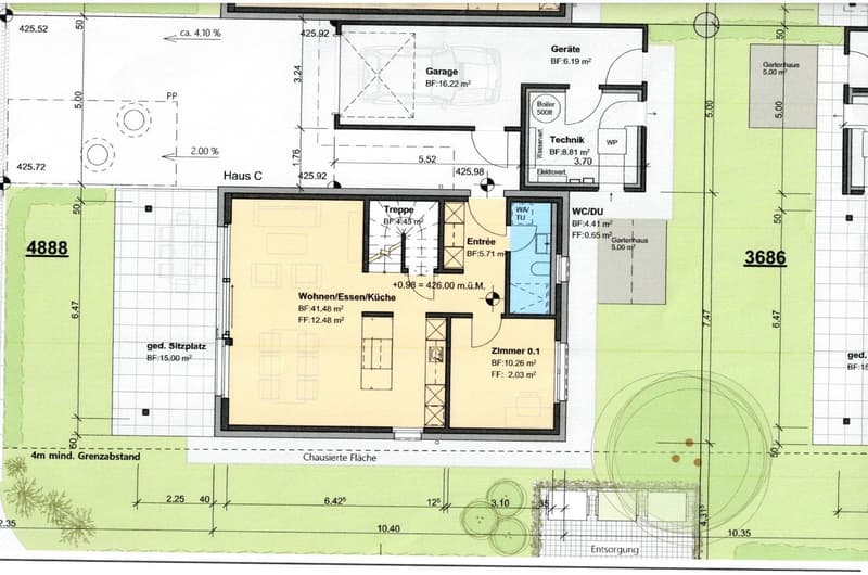 Living/Dining/Kitchen, 2 bedrooms, 2 bathrooms, terrace, garage, boiler room, technical room, water tank, entrance, garden house