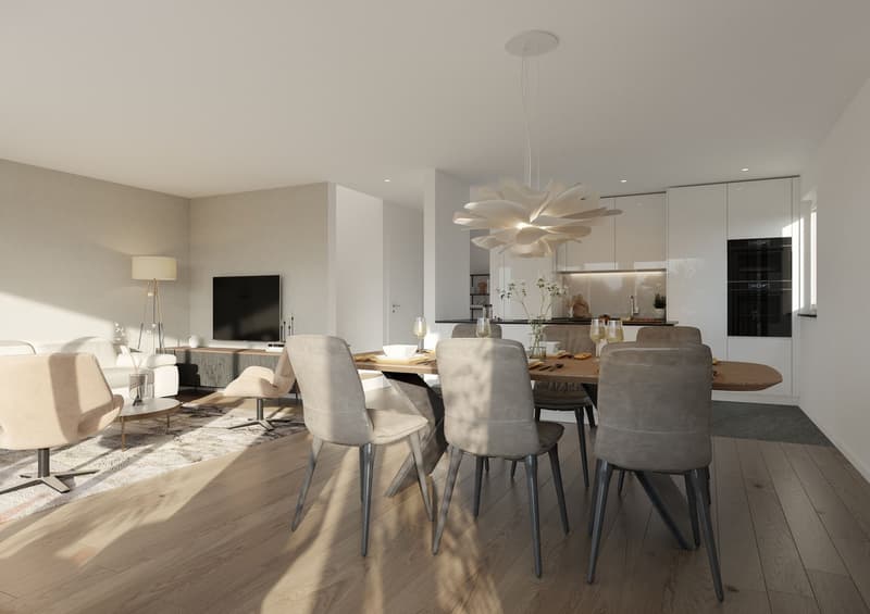 Dining area with a wooden table, gray chairs, a chandelier, a TV, a lamp, a couch, and a rug.