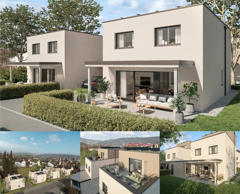 Modern 2-story house, white exterior, large windows, solar panels, raised ground floor, terrace, garden, car parked in driveway