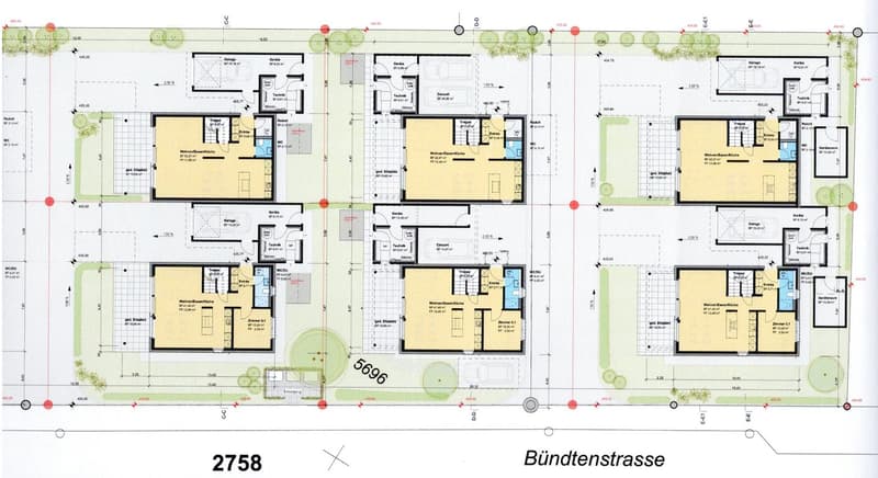 Floor plan of a residential building with 4 units, each with a living room, kitchen, 2 bedrooms, 2 bathrooms, and a garage