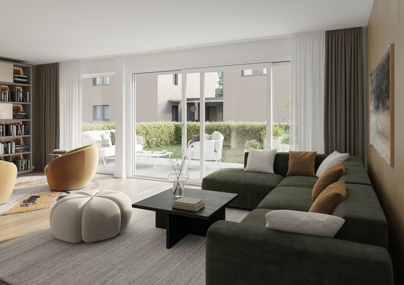 modern living room, large windows, sliding glass doors, balcony, green sofa, coffee table, bookshelves, armchairs, rug, artwork
