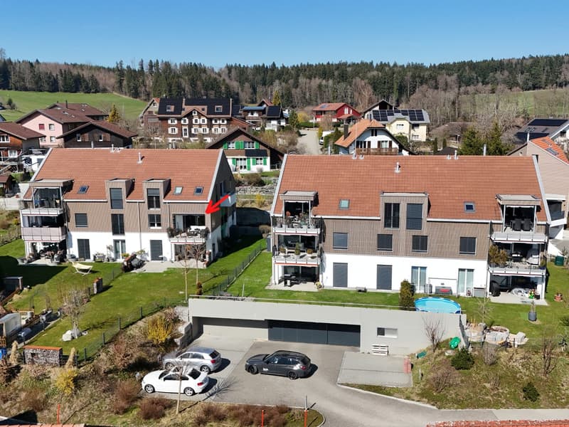 Aerial view of a residential area with multiple houses, one house has a red arrow pointing to it, a garage, and a swimming pool.