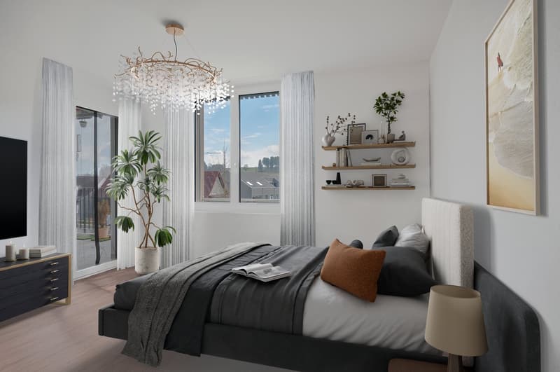 Bedroom with a bed, nightstand, lamp, chandelier, shelves, plants, and a TV.