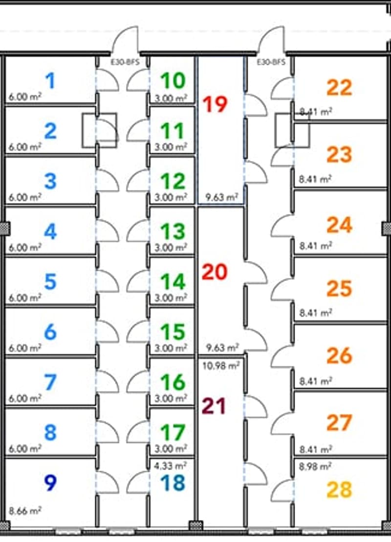 The image shows a floor plan with 28 rooms. The rooms are numbered from 1 to 28 and have varying sizes, ranging from 6.00 m2 to 9.63 m2.