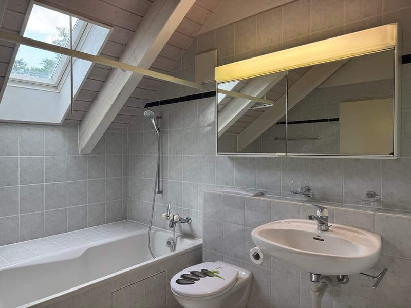 Spacious bathroom with gray tile walls, a bathtub with a shower head, a sink with a vanity mirror, and a toilet. The room has a slanted ceiling with a skylight window, providing natural lighting.