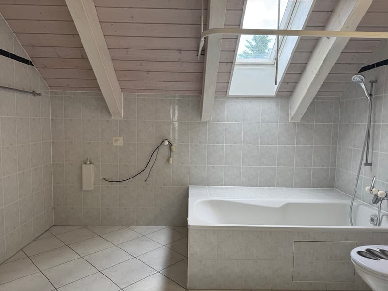 Spacious bathroom with tiled walls and floor, a bathtub, and a skylight providing natural light.