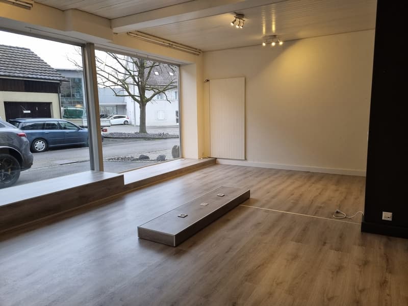 Empty room with wooden flooring, glass windows, radiator, large desk, ceiling lights