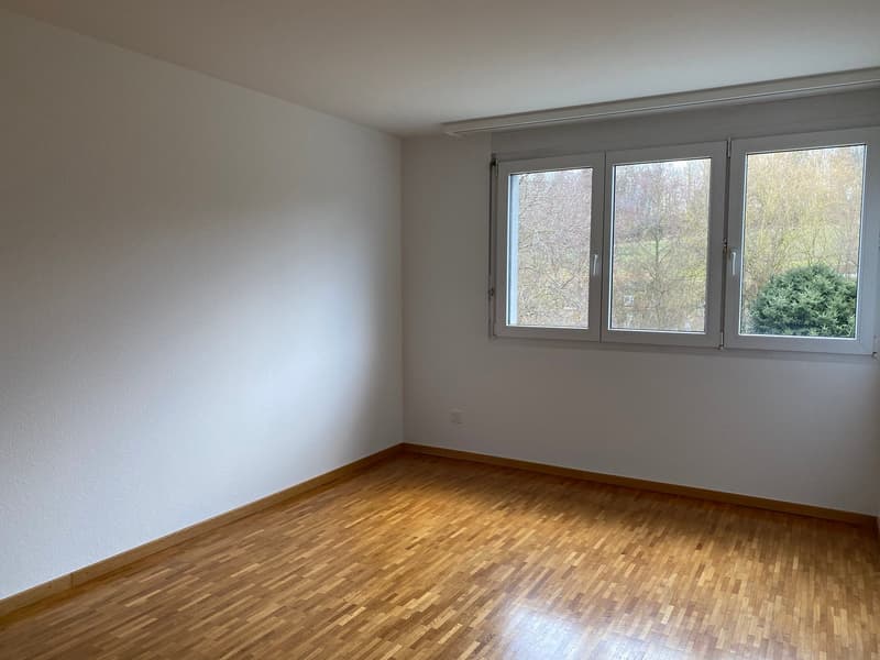 Empty room with wooden floor and white walls, two windows with glass panes, power outlet on the wall