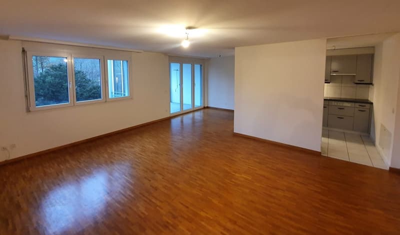 open floor plan, large windows, balcony, hardwood floors, ceiling light