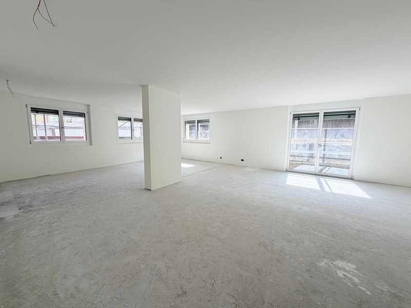 Empty room with white walls, concrete floor, three windows, sliding glass door, central pillar