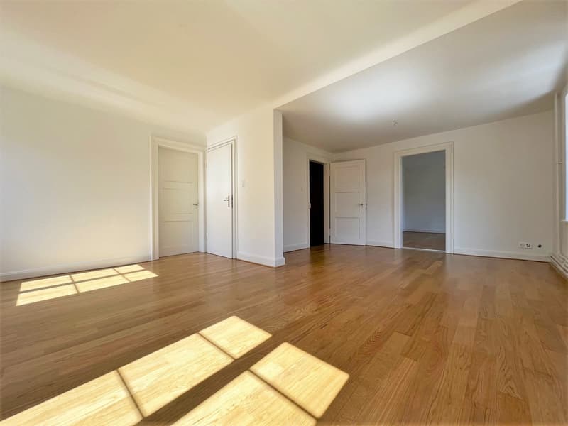spacious living room with hardwood floors, three white doors, no visible furniture