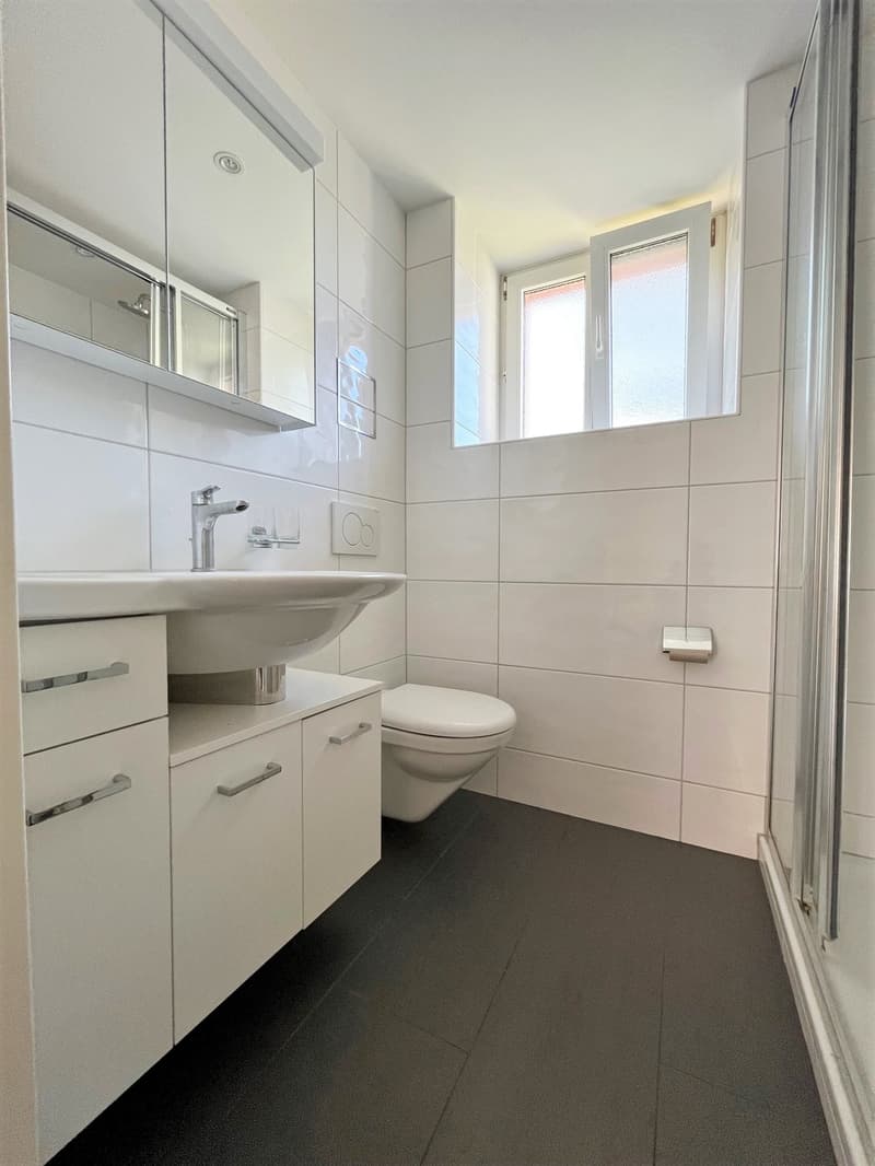 modern white bathroom with toilet, sink, and shower, white tiles on the walls, mirror, and silver faucet