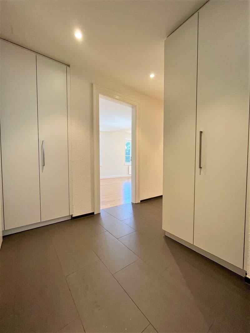 empty room with white wall, wooden floor, two wardrobes on each side, open door to another room