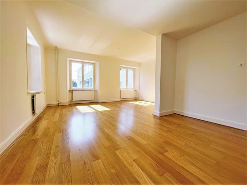 hardwood floor, white walls, large windows, central heating radiators