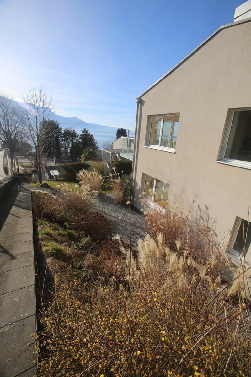 modern architectural house, raised ground floor, large windows, balcony with glass railing, surrounded by gravel pathway and plants