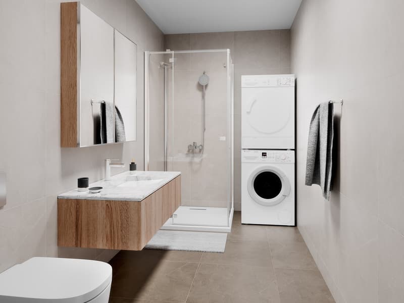 Modern bathroom, shower, washing machine and dryer, wooden cabinet, white marble countertop, white toilet, wall-mounted mirror