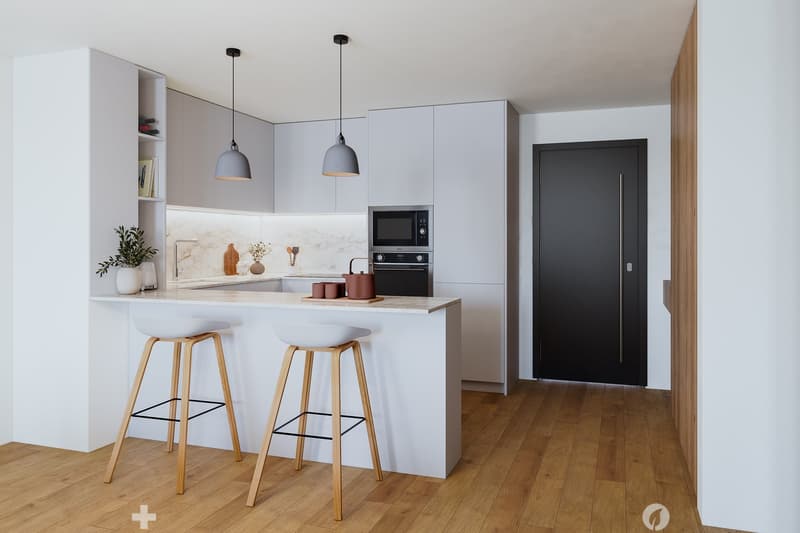 modern kitchen, white countertops, 2 bar stools, white cupboards, microwave, gas stove