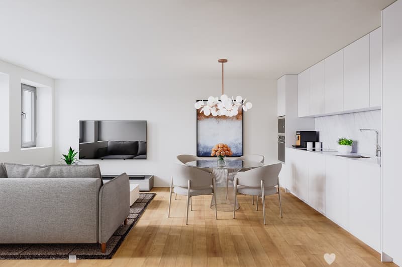 a room with living room, dining area, kitchen, tv, lamp, round table, chairs, sofa, microwave, plant, cabinets, countertop, oven