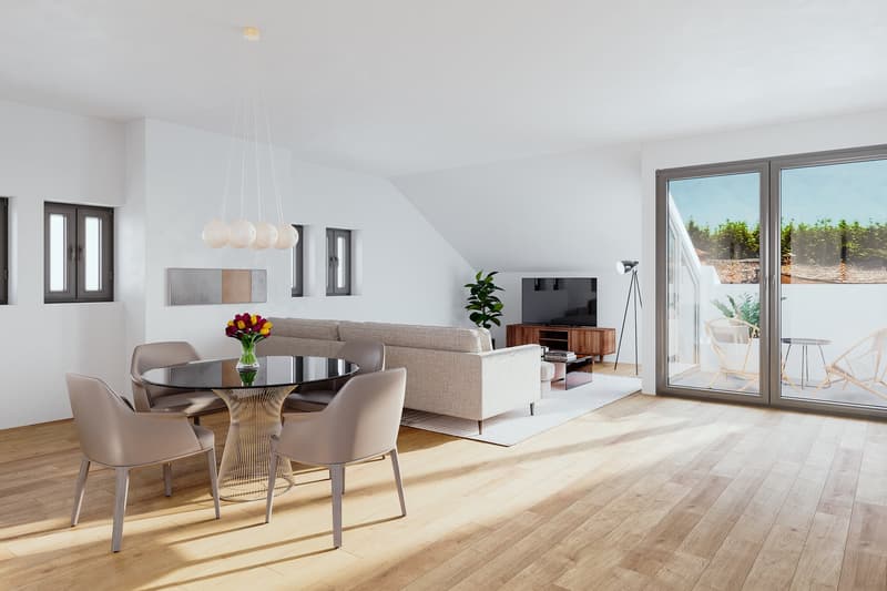 modern living room with wooden floor, large window with balcony, beige sofa, dining table with 4 chairs, TV, plant, and chandelier