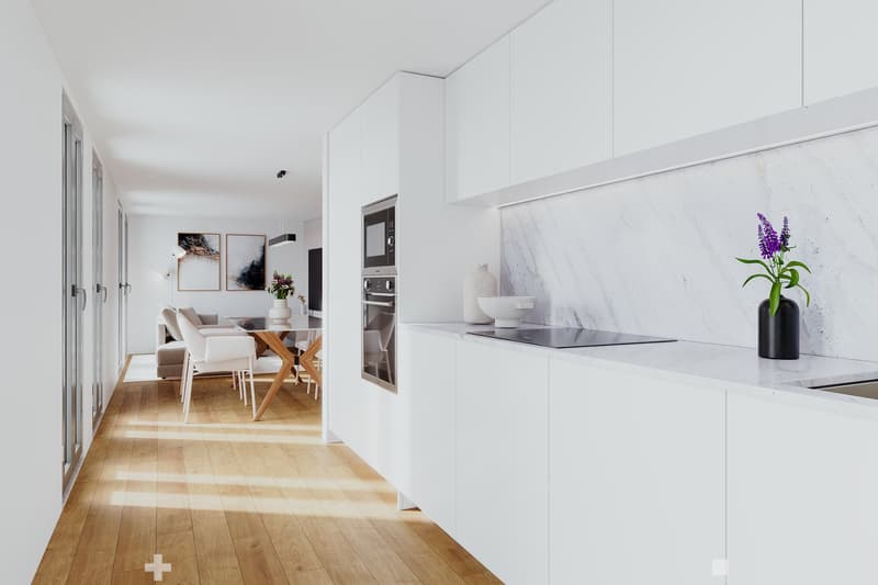 open kitchen, dining room, white cabinets, marble countertop, white floor, table, chairs, microwave, vase, flowers, dining table