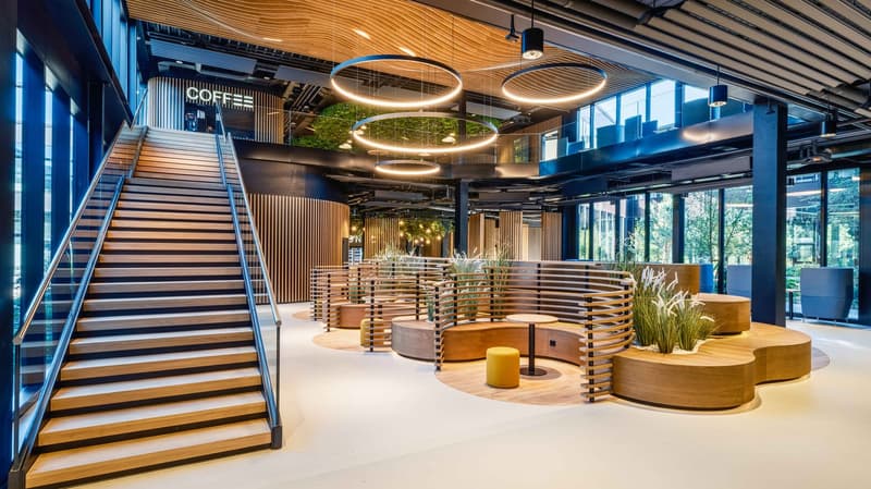 modern decor, wooden staircase, large glass windows, curved seating with tables, plants, large circle lamps