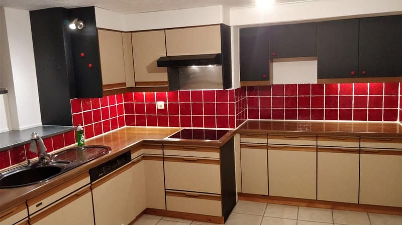Kitchen with a double sink, dishwasher, wooden cabinets, red tiles, black appliances.