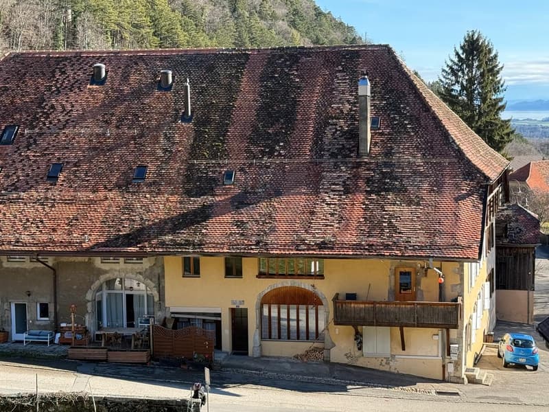 Historic two-story house with yellow facade, red roof, wooden balcony, entrance gate, small patio with table and chairs, windowed archways, multiple chimneys, and trees surrounding the house.