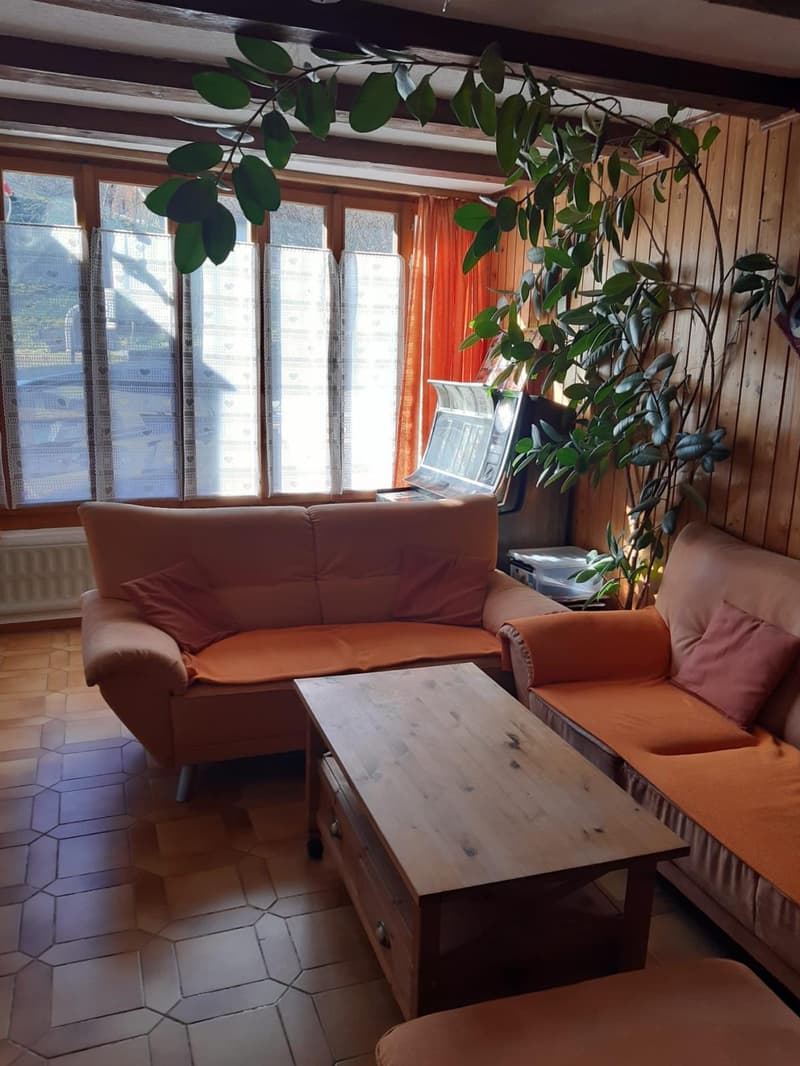 Living room, wooden floor, couch with pillows, wooden coffee table, plant, piano, radiator, window with curtain