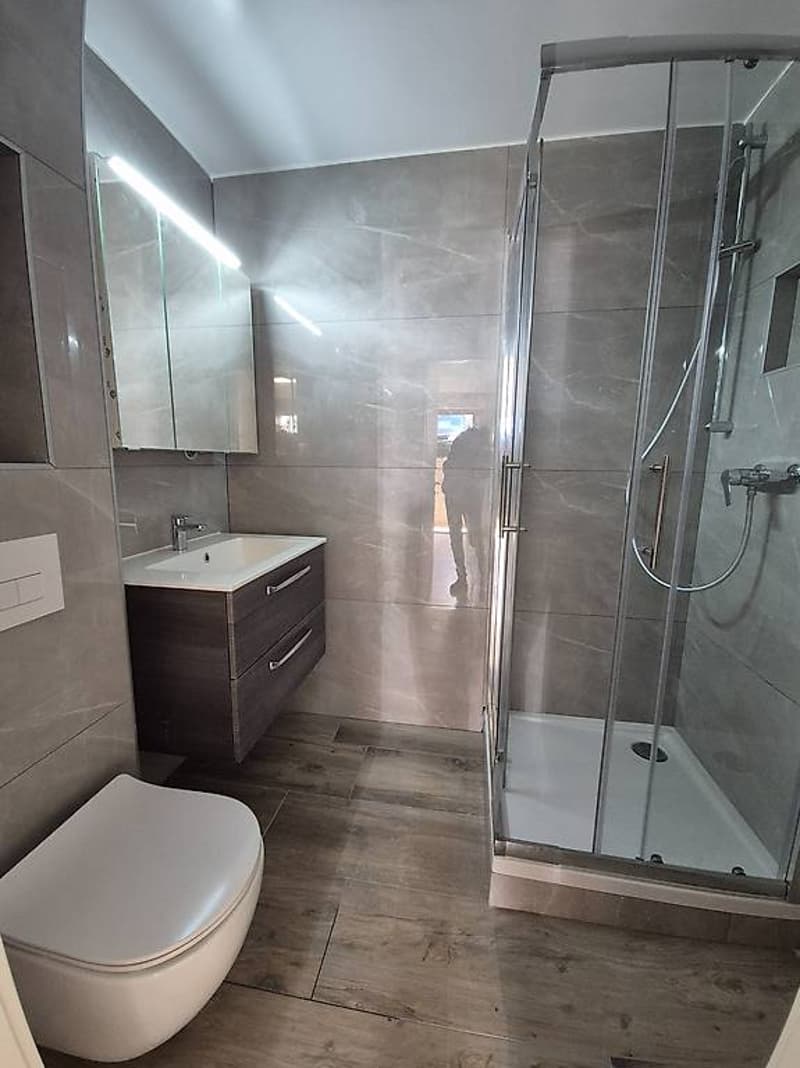 Modern bathroom with wooden floors, wall-mounted vanity, modern shower enclosure, mirror, toilet, faucet, and gray tiles