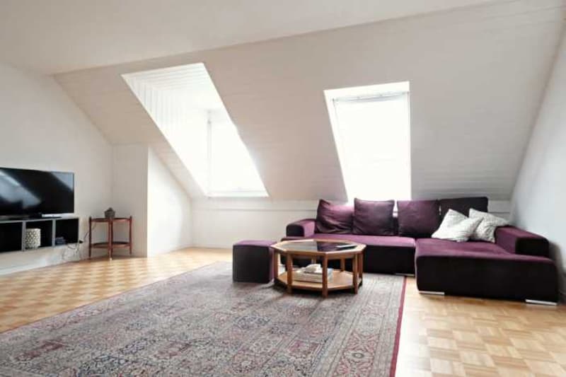 Modern living room with a television on the left side, a center table with books, a sofa set with pillows on the right side, a large rug, and 2 windows with white frames at the back.