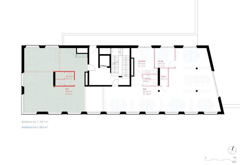 Floor plan with living room, kitchen, 2 bedrooms, 2 bathrooms, balcony, office, and storage