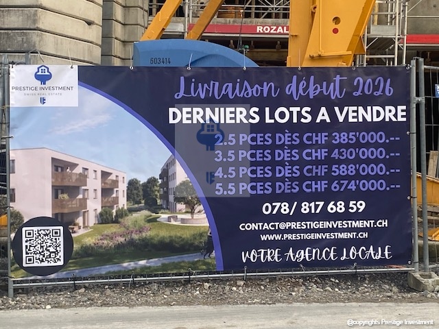 Signboard for new residential property, upcoming launch, prices starting from CHF 385'000