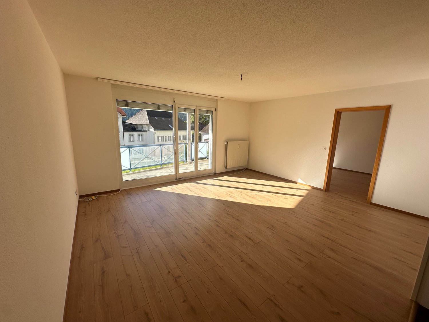 hardwood floors, sliding glass doors leading to terrace, white walls, white ceiling, radiator, balcony outside with railings