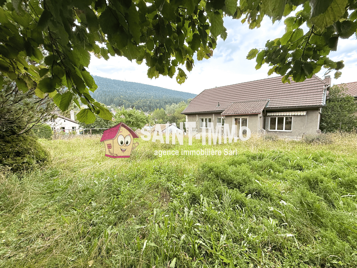 House with a brown roof, two windows, and a white wall, situated in a grassy area. A watermark from 'SAINT-IMMO' is displayed in the center of the image, with another house in the background and a mountain in the distance. The sky is clear and blue.