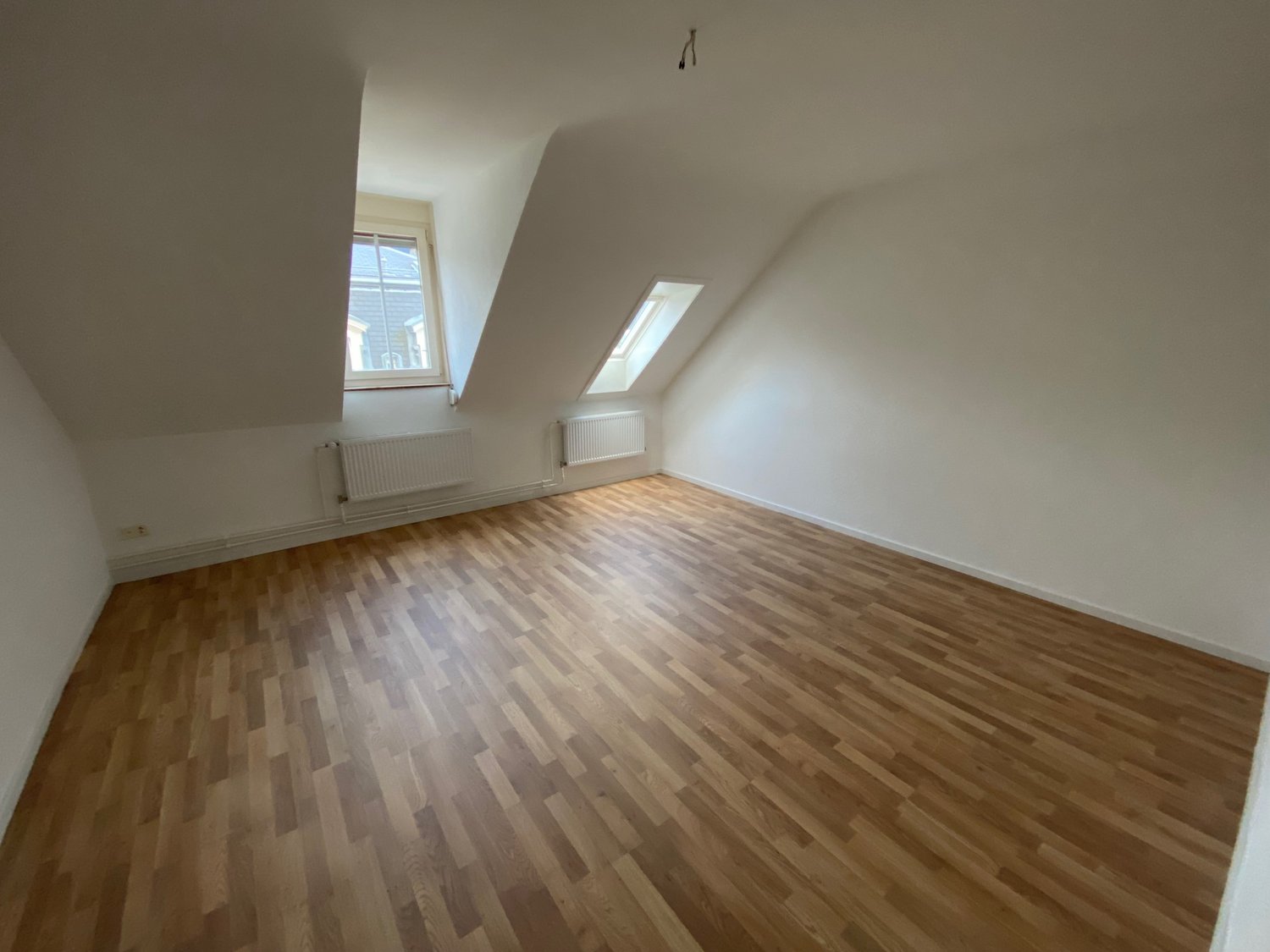 empty room with wooden floors, white walls, 2 skylights, radiators
