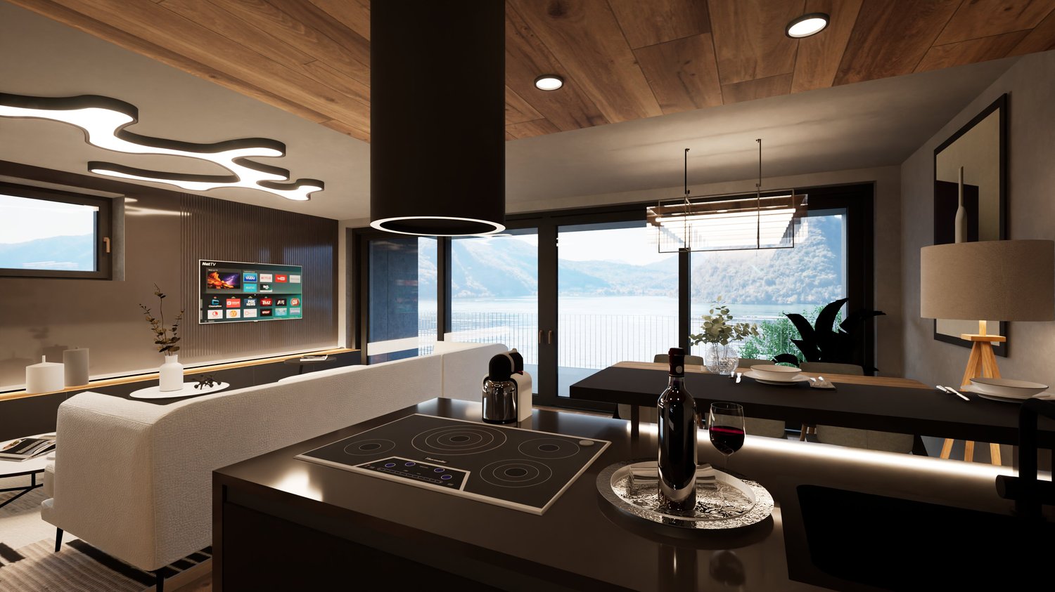 Modern kitchen with wooden ceiling, large windows with a scenic view, induction cooktop, kitchen island with bar stools, and decorative lighting fixtures.