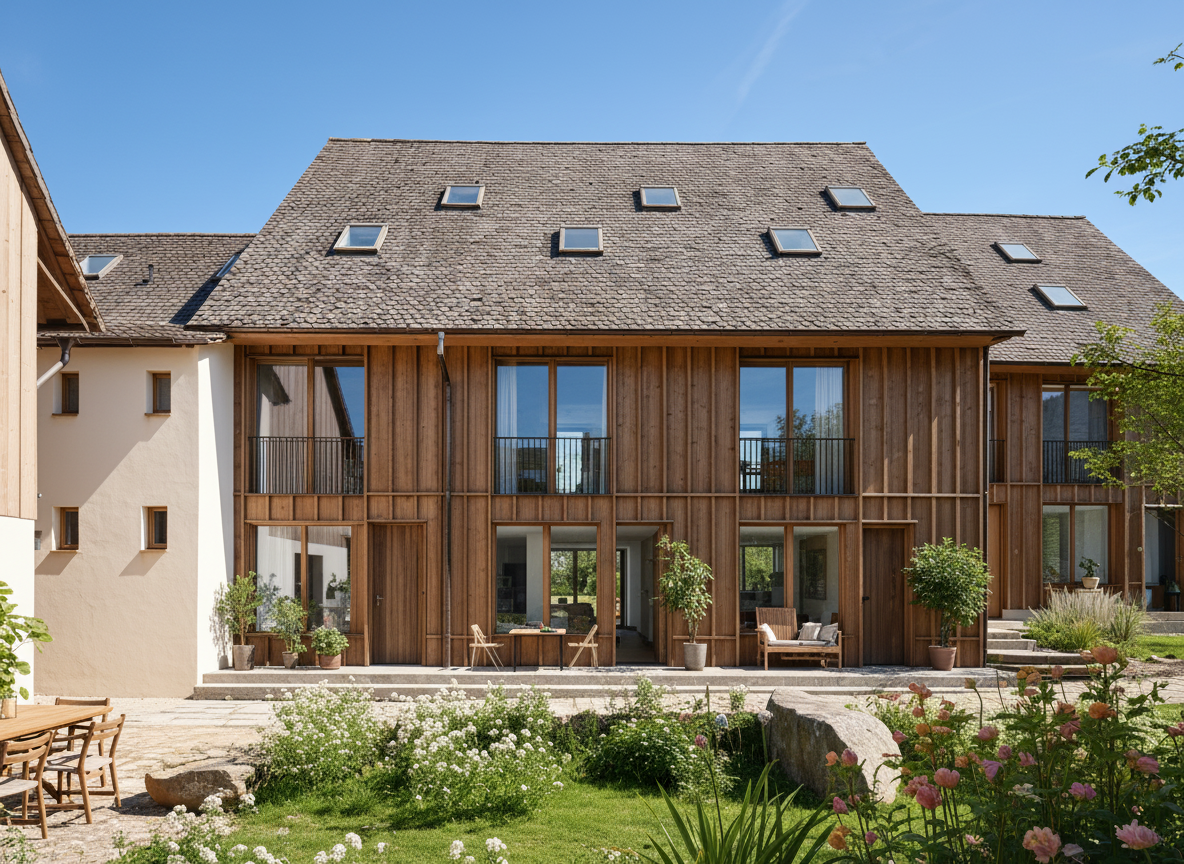 Modern house with wooden exterior, large windows, rooftop balcony, garden with seating, surrounded by greenery