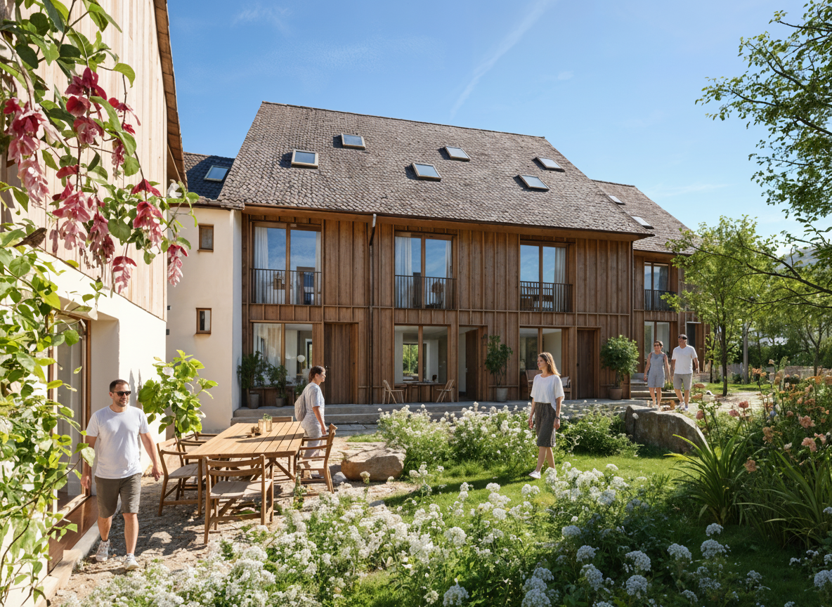 A three-story modern wooden house with solar panels on the roof, surrounded by a garden with a wooden table and chairs, and a family enjoying the outdoors.