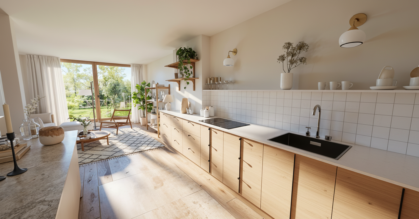 modern kitchen with wooden cabinets, black sink, white tiled wall, dining area with rug, wooden chair, glass door leading to a garden